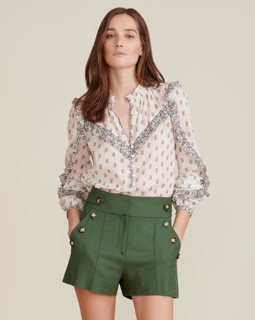 Veronica Beard Abra Stamped Floral Long Sleeve Ruffle Blouse White Women's 10